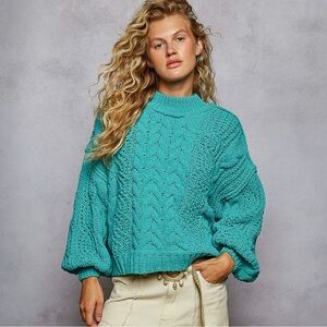 NWT POL Cozy Chenille Teal Cable Knit Sweater
